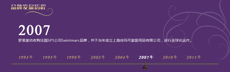 2007年罗莱家纺正式收购尚玛可家纺品牌，并成立上海尚玛可家居用品有限公司。
