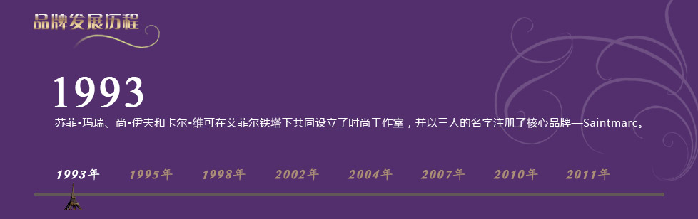 尚玛可家纺发展历程：1993年尚·伊夫、卡尔·维可、苏菲·玛丽三人在法国埃菲尔铁塔下共同设立了时尚工作室，并注册了核心品牌——Saint Marc。