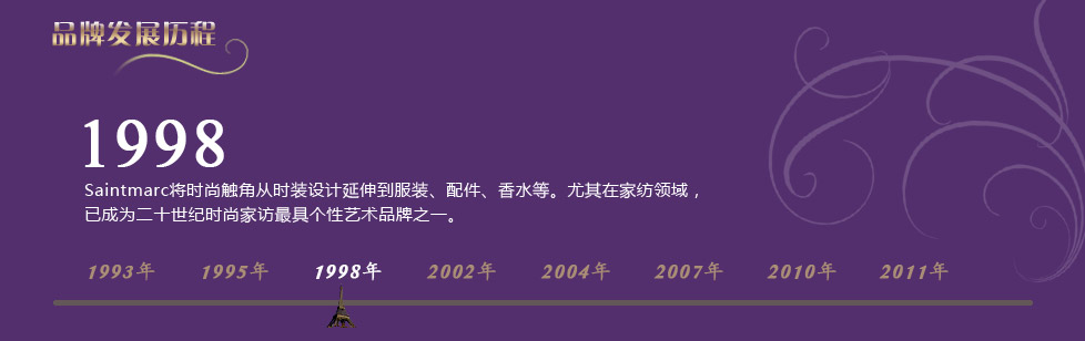 1998年，Saint Marc将美学理念从时尚服装延伸至家纺、领带、眼镜、香水等。尤其在家纺领域，作为二十世纪最有代表性之一的时尚品牌Saint Marc，是家纺设计走向个性化、时尚化的开拓者。Saint Marc将时尚的色彩和图案巧妙运用到纺织用品里，给人强烈的视觉冲击。