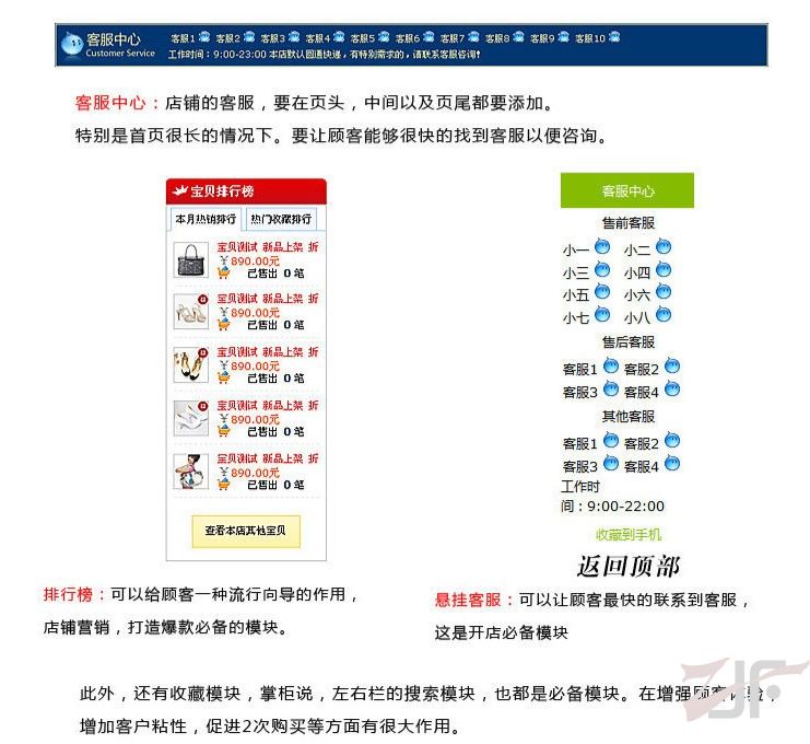 淘宝店铺客服要在页面头部，中间，底部都要添加，方便客户咨询